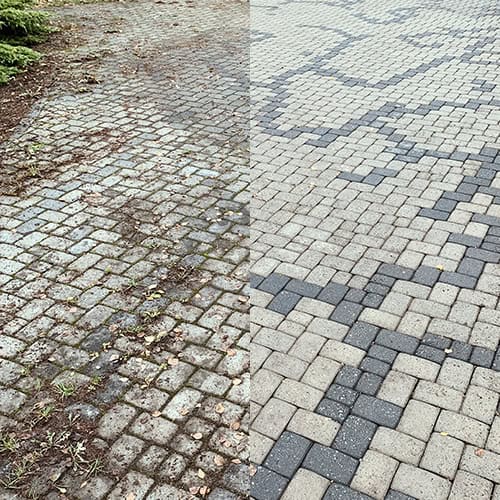 Mustriga tänavakivid enne ja pärast tänavakivide pesu.